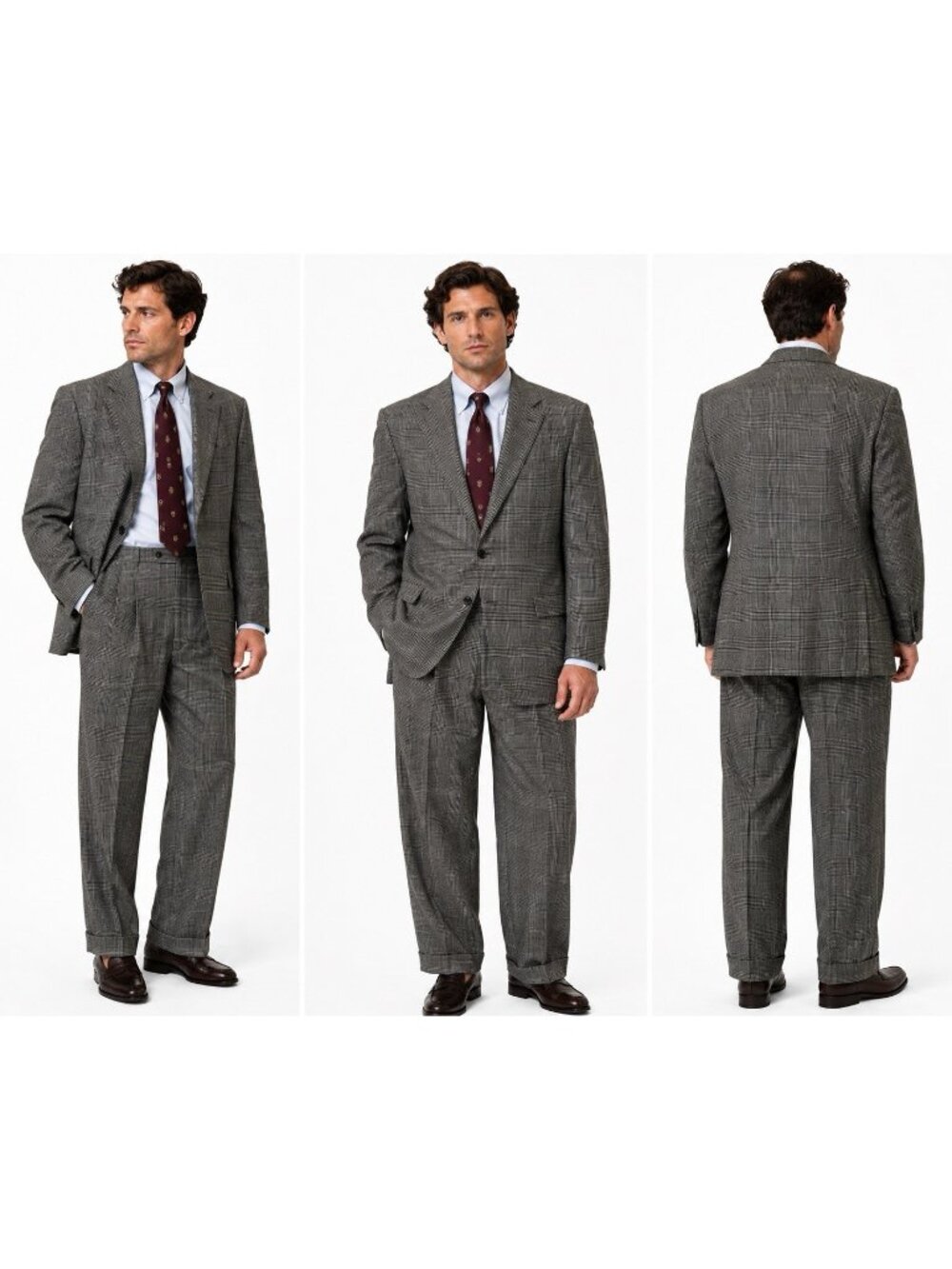 vintage 90s HICKEY FREEMAN 100% wool suit 44L 36W gray glen plaid made in USA